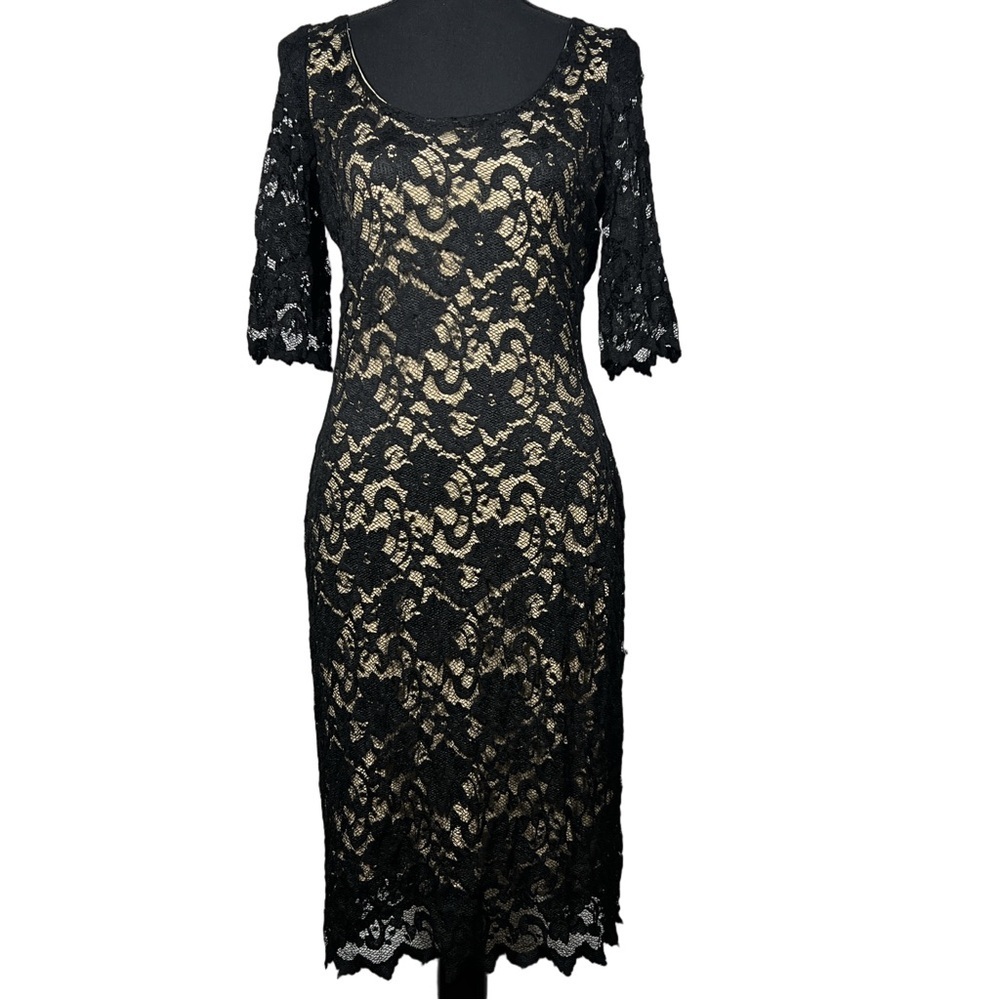 Badgley Mischka Black and Tan Lace Midi Dress, Size 10